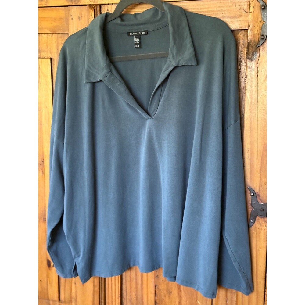 Eileen Fisher Eucalyptus Boxy Henley Jersey Top Size 2X